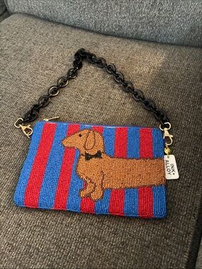 Ink & Alloy Beaded Dachshund Wristlet Clutch in Blue and Red